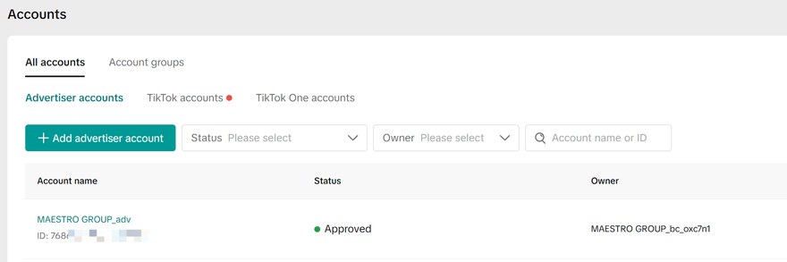 Рекламный аккаунт MAESTRO GROUP в TikTok Business Center со статусом Approved